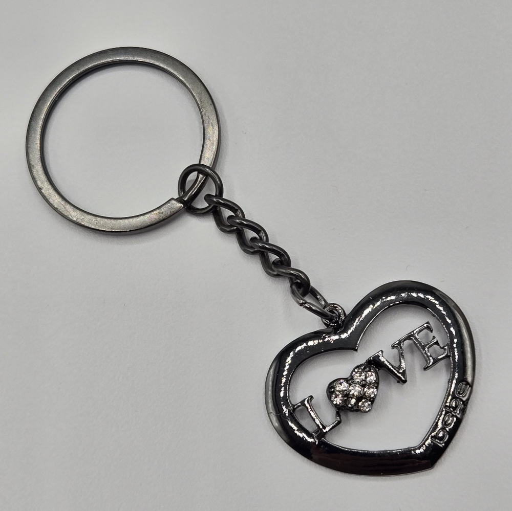 Bebe Small Crystal Love Heart Charm Keychain Keyring Dark Black Gunmetal